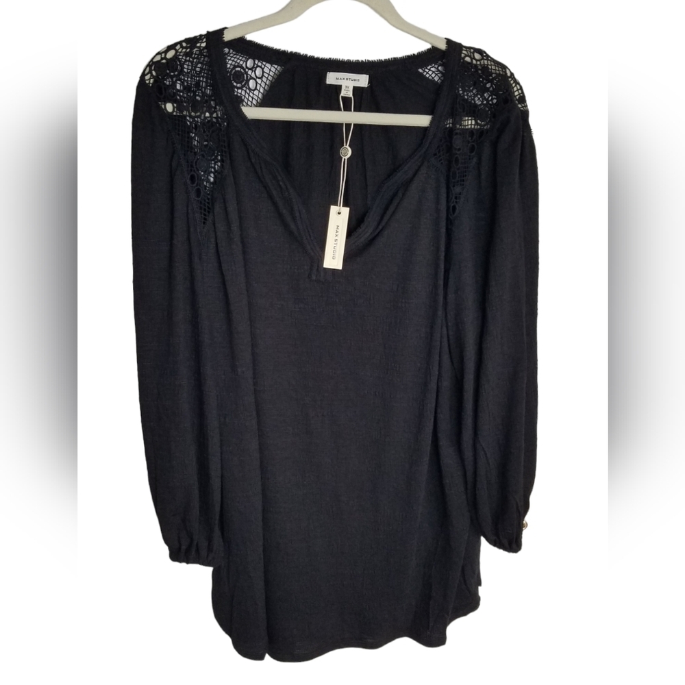 NWT Max Studio V Neck Long Sleeve Top Lace Size 3X Black